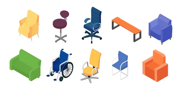 Grafikus bútorok, szék és karosszék gyűjtemény, fehér vektor illusztráción elszigetelve. 3d izometrikus belső dekoráció, irodai ülőgarnitúra. — Stock Vector