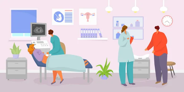 Graviditet medicinsk center koncept, vektor illustration. Läkare karaktär vård om gravida kvinna på kliniken, tecknad ultraljud på sjukhus. — Stock vektor