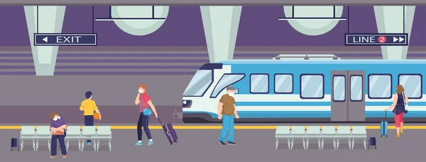 La gente con máscara espera el tren subterráneo, ilustración vectorial. Transporte mientras coronavirus, protección de pasajeros en la estación de metro. Tiempo de epidemia — Vector de stock