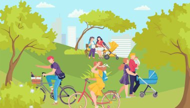 Parktaki sıradan insanlar, vektör çizimi. Mutlu genç aile yaz günü dışarıda bisiklet sürerek vakit geçirir. Anne, baba ve çocuk yürüyüşü..