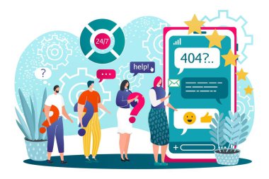 Müşteri desteği, vektör çizimi. Müşteri karakteri için online servis teknolojisi, insanlara yardım etmek için teknik merkez. Profesyonel sohbet.