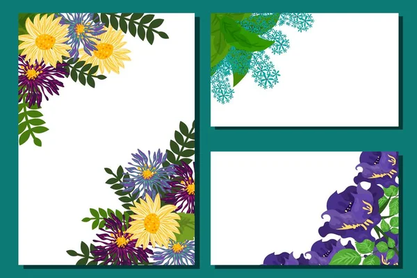 Botaniczny kwiaciarnia karty ozdobione piękne jasne kwiaty, wektor ilustracji. Baner naturalny wiosenny bukiet, rośliny organiczne. — Wektor stockowy