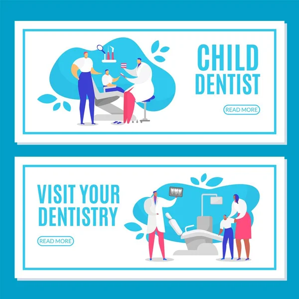 Веб-страница детского стоматолога, концепция посещения стоматолога, векторная иллюстрация. Мультипликационный медицинский стоматологический сервис для проектирования пациентов, здоровья зубов — стоковый вектор