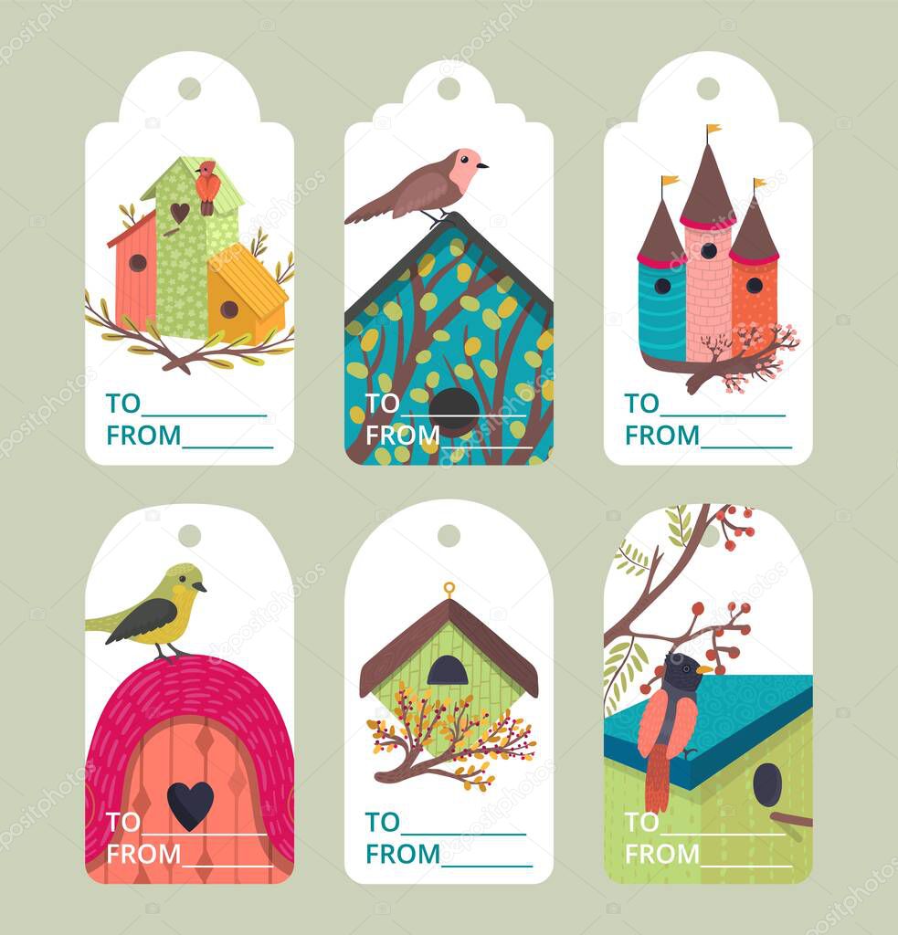 Decorative bird house tag with sign, vector illustration. Tag with nature decoration, colorful animal and tree branch. Cute vintage decor for sticker