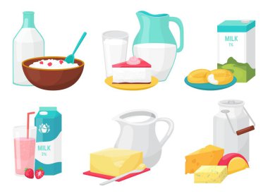 Süt ürünü, şişedeki süt, peynir yemek seti, vektör illüstrasyon. Yoğurt camı, sağlıklı kahvaltı için çiftlik yağı, beyaz yemeğe izole edilmiş..