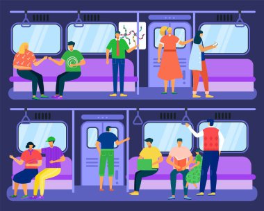Yolcu kavramına sahip metro treni, vektör illüstrasyonu. Şehir içi taşımacılık, insanlar yeraltı demiryolu toplu taşımacılığı kullanıyor.