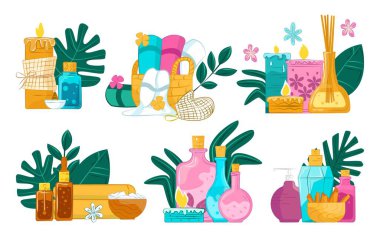 Spa bakımı, güzellik tedavisi, vektör çizimi. Şişe, krema, vücut rahatlığı için yağ seti koleksiyonu, sağlık tasarımı. Aromaterapi