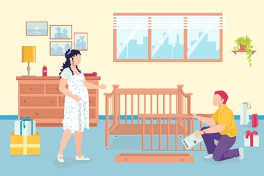 Hamile anne ile aile, mutlu aile babası, vektör illüstrasyon. Erkek kadın karakteri yeni doğan bebek için hazırlık odası.