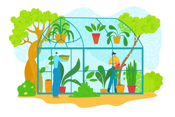 温室内の植物園、ベクトルイラスト。漫画の人々の園芸、庭師のための屋外趣味。女性農家の人が平らな花を育てる — ストックベクタ