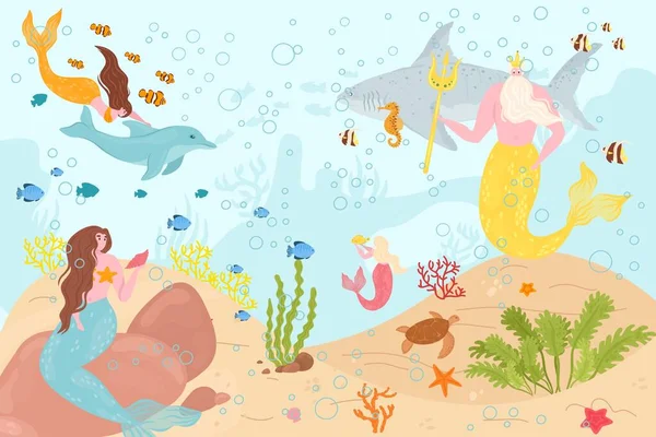 Vida marina submarina, sirena nadando con peces de dibujos animados en el océano, ilustración vectorial. Fantasía chica carácter cerca de hermosa naturaleza de coral. — Vector de stock