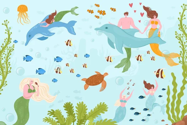 Sirena hombre mujer personaje en el mar, vida marina submarina, ilustración vectorial. Dibujos animados mítica chica chico persona en agua azul con peces de animales. — Vector de stock