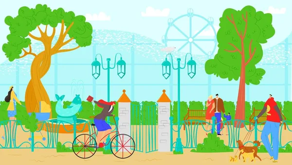 Menschen im Park, Natur im Freien, Vektorillustration. Mann Frauenfigur Spaziergang in der Sommerstadt, Zeichentrick Freizeit mit Fahrrad, Hund oder Freunden. — Stockvektor