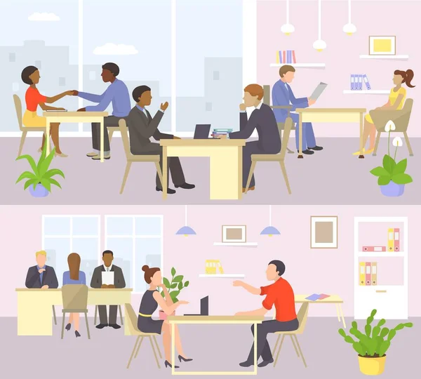 Interjú üzleti munka az irodában, vektor illusztráció. Férfi nő karakter munkahelyi találkozó, beszélgetés toborzás rajzfilm munkavállaló. — Stock Vector