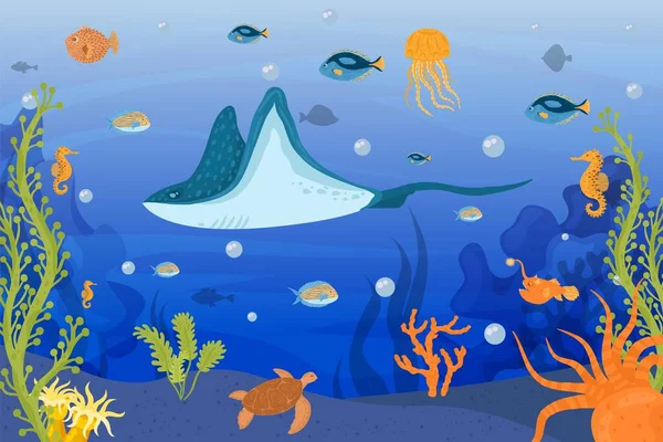 Vida submarina, peces de dibujos animados en la naturaleza marina con corales, ilustración vectorial. Arrecife tropical con animales salvajes, algas en el fondo profundo. — Vector de stock
