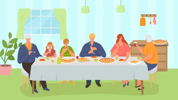 Cena in famiglia, gente felice che mangia insieme, illustrazione vettoriale. Uomo donna bambino persone personaggio mangiare pizza a casa. Madre padre nonni — Vettoriale Stock