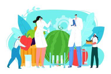 Ürün sertifika noktası, pazar koruma konsepti, vektör illüstrasyonu. Erkek kadın bilim kadını karakter kontrol gereksinimi tehlike bakterisi için.