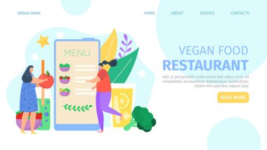 Vejetaryen yemek restoranı, vektör çizimi. Doğal sebzeli taze sağlıklı menü. İnternetten vejetaryen yemeği sipariş et..