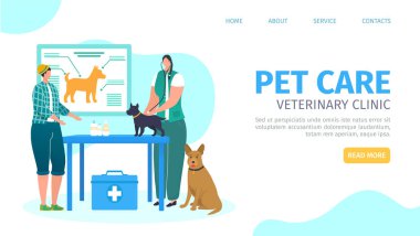 Hayvan bakımı konsepti için veteriner kliniği hizmeti, web sayfası, vektör illüstrasyonu. Veteriner kadın karakteri şirin köpeği kontrol ediyor. Düz hayvanlar için hastane