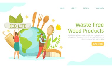 Atık yok, ekolojik ahşap ürünler, vektör illüstrasyonu. Erkek kadın karakterler doğal ürün kullanır, organik şeyler geri dönüşüm yeteneğine sahiptir.