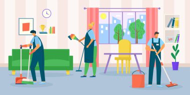 Ev temizliği, çalışma grubu odada tadilat, vektör illüstrasyon. Erkek kadın karakterler ev duvarı, yer konsepti..