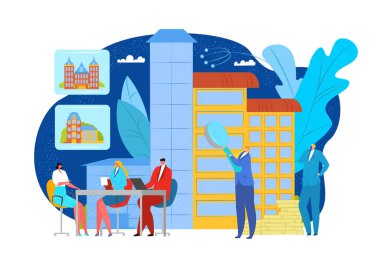 Emlak konsepti, vektör çizimi. Karakter, bina, apartman komisyoncusu ve karikatür ajansına yatırım yapar. Kira, satış mülkü