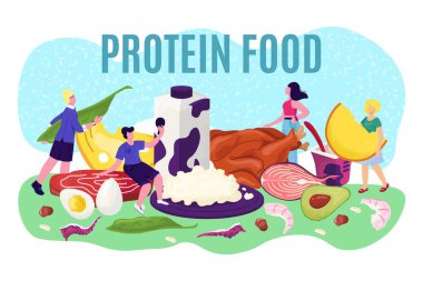 Protein gıda konseptiyle beslenme, vektör çizimi. Yağ, keatojenik yemek, sebze, yumurta, balık ve et içeren düz helathy diyeti..