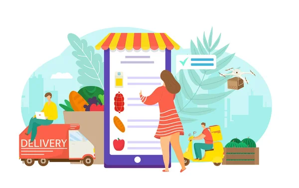 Onlinebeställning mat, mobil leverans tjänst, vektor illustration. Kvinnlig karaktär använder internet app, platt butik teknik för snabb leverans. — Stock vektor