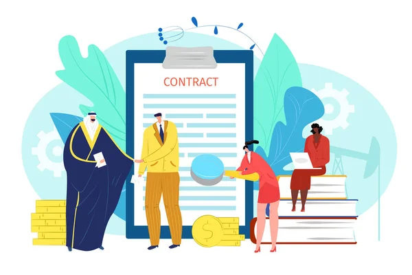 Platte contract concept, zakelijke overeenkomst en partnerschap, vector illustratie. Man vrouw mensen karakter maken succes deal. Zakenman partner — Stockvector