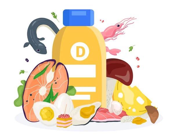 Вітамін d у концепції продуктів, векторна ілюстрація. Харчування органічною здоровою їжею, свіжий елемент для дієти. Риба, яйця, морепродукти — стоковий вектор