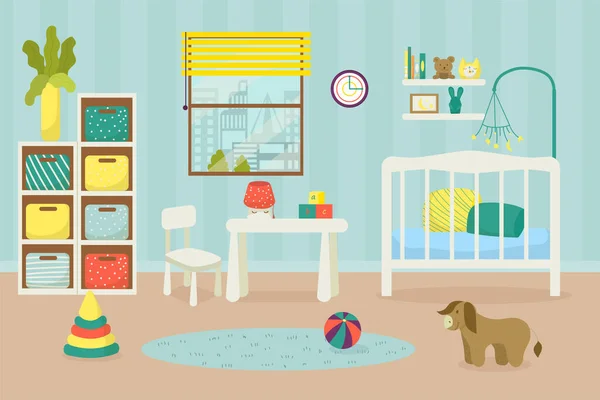 Guardería, cuarto de los niños para el bebé recién nacido, muebles de interior caseros, ilustración del vector. Interior del dormitorio del niño, cuna en el dormitorio del apartamento. — Vector de stock