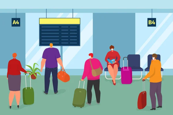 Odletový salónek, postava pasažérky na letišti, vektorová ilustrace. Cartoon lidé v masce čekají na let. Turistický start na letadlo — Stockový vektor