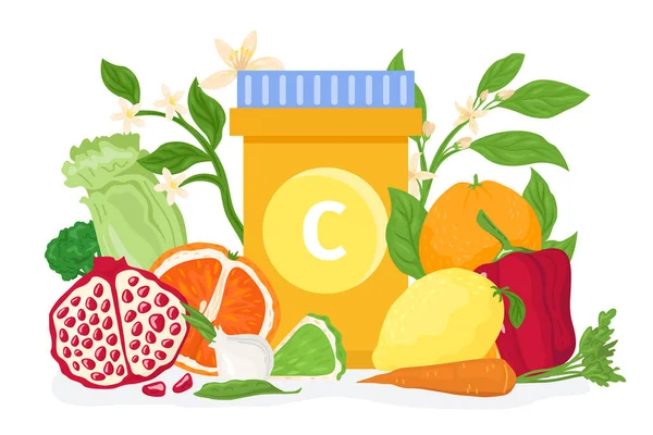 Vitamin C, naturlig produkt för god hälsa, vektor illustration. Medicinsk behandling genom naturlig kost näring, hälsosam mat set design. — Stock vektor