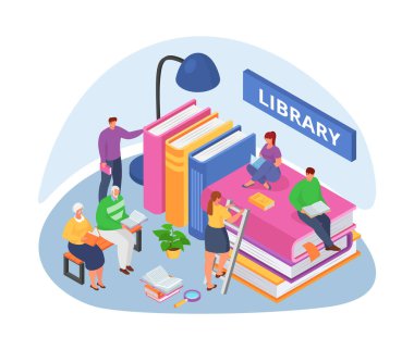 Kitaplı kütüphane, izometrik vektör çizimi. Erkek kadın karakter üniversite için bilgi okuyor, okul eğitimi alıyor. Öğrenci