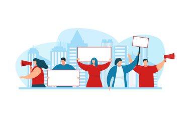 Protestocular pankart, beyaz pankart, vektör illüstrasyonu taşıyorlar. Eylemci erkek kadın karakter protestosu, poster işaretiyle gösteri