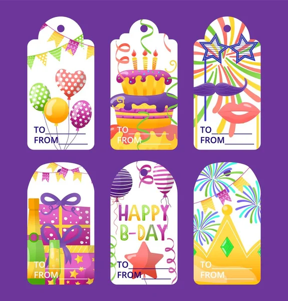 Tag för födelsedagshälsning, vektor illustration. Grafisk design för semester fest set, kortsamling med gåva, kaka, ballong, födelsedag krona. — Stock vektor