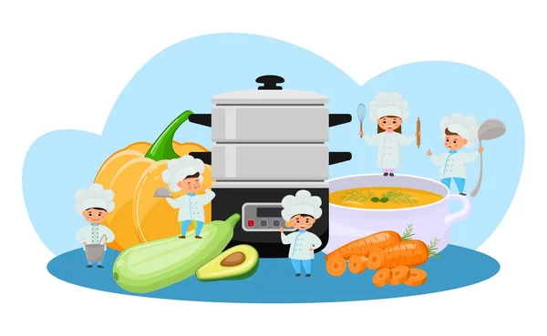 Buharlı yemek pişirme, vektör çizimi. Kız karakter, mutfak malzemesi kullanır. Sağlıklı yemek yapmak için bir araç. Kabak, kabak, avokado. — Stok Vektör