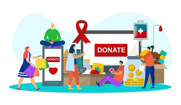Donatie voor zorg, vectorillustratie. Man vrouw vrijwilliger karakter doneren voedsel, speelgoed, geld en bloed. Liefdadigheid bijstand, mensen gemeenschap — Stockvector