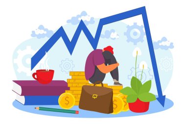 Finansal kriz, vektör çizimi. Üzgün işadamı karakteri iş dünyasının yanında oturuyor. Finansal başarısızlık grafiği, piyasa ekonomisi durgunluğu.
