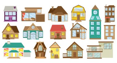 Ev seti, beyaz vektör çiziminde izole edilmiş. Çizgi film dizaynı, köy inşaatı koleksiyonu. Modern kulübe mimarisi, gayrimenkul.