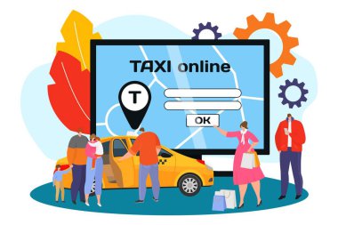 Bilgisayarda taksi, vektör çizimi. Düz adam kadın karakter siparişi araba internet hizmetinde, insanlar büyük ekranın yanında ulaşımı bekliyor..