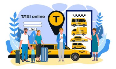 Taksi çevrimiçi, vektör çizimi. İnternet mobil servisi olan düz akıllı telefon, arabanın yanında duran insanlar, konum simgesi olan ulaşım.