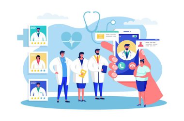 Hasta doktor seçiyor, vektör çizimi. Hastane hekiminin tıbbi yardımı, profesyonel tedaviyi seçen kadın karakteri. Ayağa kalk.