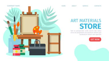Sanat malzemeleri mağazası, web sayfası, vektör illüstrasyonu. Yağlı boya, fırça, suluboya ve sehpası olan gezici çevrimiçi pazar, iniş afişi.