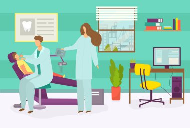 Dişçi doktor çocuğu tedavi ediyor, vektör çizimi. Çocuk hasta karakterli dişçi muayenehanesi stomatoloji özel koltuğunda oturur. Erkek karakter