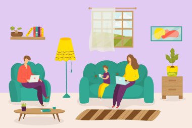 Evde aile işi, vektör çizimi. Kadın karakter bilgisayarı serbest çalışmak için kullanır, anne çocuk ise odada oturur.