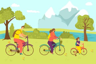 Bisikletli aile aktivitesi, vektör çizimi. Erkek kadın çocuk karakteri bisikleti, dağ doğasında spor yaşam tarzı. Düz anne, baba kız.
