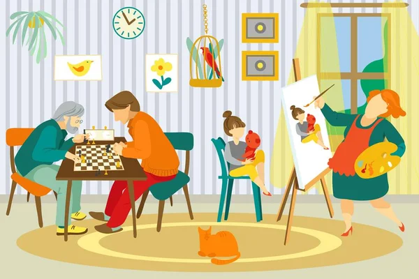 Familia en casa, ilustración vectorial. Feliz madre mujer carácter dibujar hija niño retrato, padre hombre jugar ajedrez con el abuelo. — Archivo Imágenes Vectoriales