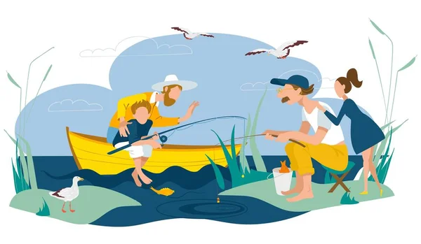 Padre, hijo e hija pescando juntos, ilustración vectorial. Hombre personaje de la gente con el niño, ocio al aire libre con papá, niño niña niño. — Vector de stock