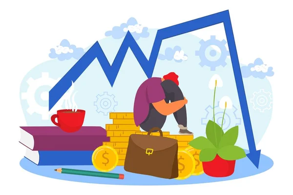 Crise financeira, ilustração vetorial. Personagem de empresário triste sentar perto de gráfico de falha de finanças de negócios, recessão de economia de mercado. —  Vetores de Stock