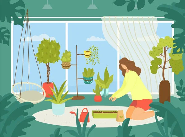 Jardín verde en casa, ilustración vectorial. Mujer plana cuidado del personaje sobre la naturaleza de la planta de la casa, lindo hobby jardinería en casa. Flor en maceta — Vector de stock